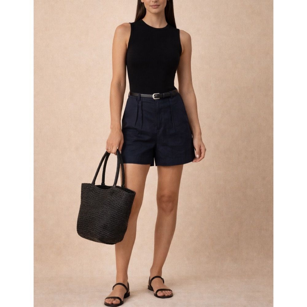 FRAME Linen High Waisted Navy Pleated Dressy Shorts Size 6
